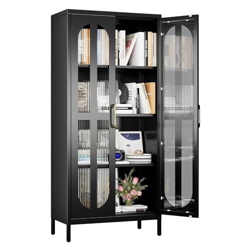 Aobabo Badezimmerlagerschrank mit 2 Türen und 2 verstellbaren Regalen - 90 cm hoch weiß Wohnzimmer Lagerschrank, 3 -stufige hohe Stahlschränke für die Küche (155H-2 Doors, Black) von Aobabo