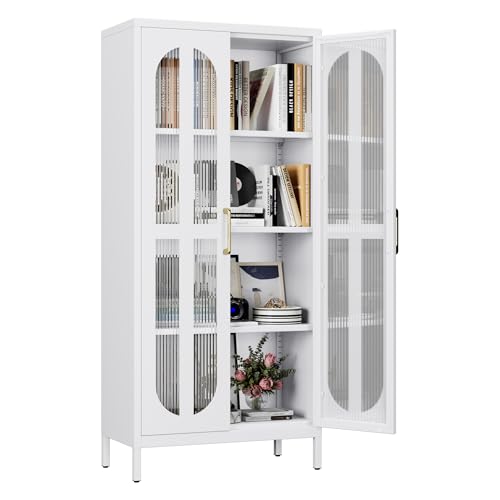 Aobabo Badezimmerlagerschrank mit 2 Türen und 2 verstellbaren Regalen - 90 cm hoch weiß Wohnzimmer Lagerschrank, 3 -stufige hohe Stahlschränke für die Küche (155H-2 Doors, White) von Aobabo