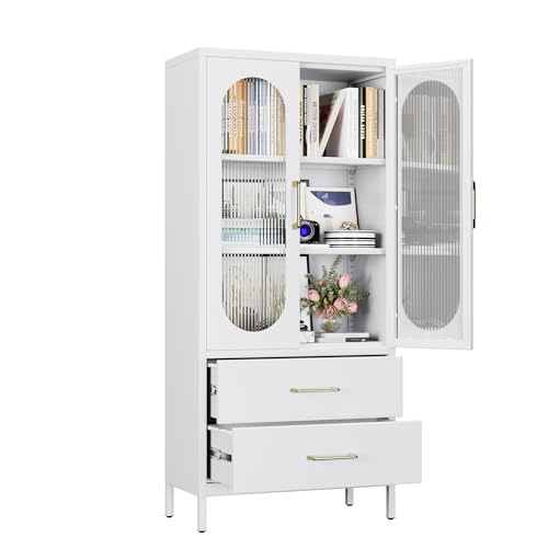 Aobabo Metal Office -Akten Speicherschrank mit 2 Schubladen und 2 einstellbaren Regalen - 155 cm hohe Glasentüren weißer Lagerschrank, 3 -stufige hohe Stahlschränke für Wohnzimmer, Büro, Büro von Aobabo
