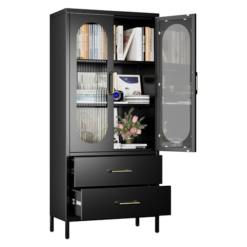 Aobabo Metal Office -Dateien Speicherschrank mit 2 Schubladen und 2 einstellbaren Regalen - 155 cm hohe Glasentüren Schwarzer Lagerschrank, 3 -stufige hohe Stahlschränke für Wohnzimmer, Büro von Aobabo
