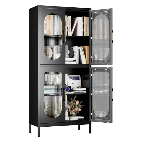 Aobabo Metal Office -Dateien Speicherschrank mit 4 Türen und 2 einstellbaren Regalen - 155H Schwarze Glasentüren Anzeigen Lagerschränke für Büro, Zuhause von Aobabo