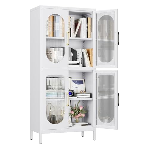 Aobabo Metal Office -Lagerschrank mit 4 Türen und 2 verstellbaren Regalen - 155H weiße Glasentüren Zeigen Lagerschränke für Büro, Küche, Zuhause an von Aobabo