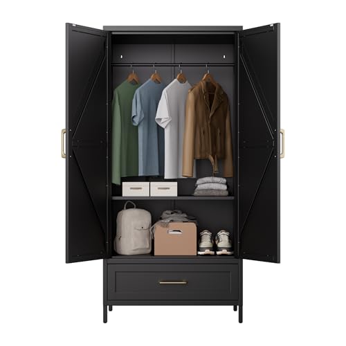 Aobabo Metall -Kleiderschrankschrank mit 1 Schubladen, Aufbewahrungsschrank mit hängenden Stange, 170 cm Metallgarderobeschrank mit 2 Türen und verstellbaren Regalen für Schlafzimmer (Black) von Aobabo