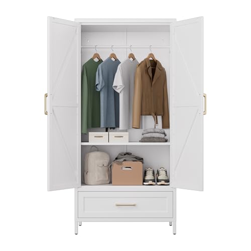 Aobabo Metall -Kleiderschrankschrank mit 1 Schubladen, Aufbewahrungsschrank mit hängenden Stange, 170 cm Metallgarderobeschrank mit 2 Türen und verstellbaren Regalen für Schlafzimmer (White) von Aobabo