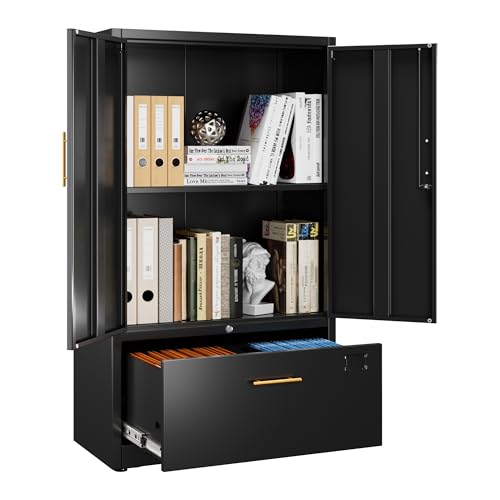 Aobabo Metall -Speicherschrank mit 1 Schublade, Black Metal -Aktenschrank mit abschließbaren Türen und Schubladen für Home Office, Hangdateien Brief/Rechtsgröße, Schwarz von Aobabo