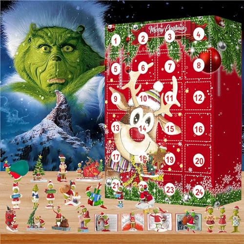 Aoblok 2023 New Flaches Acryl Weihnachten Adventskalender, 24 Geschenke Weihnachten grün haarigen Charakter Ankunft Kalender Weihnachten Countdown-Kalender mit Überraschung Pedanten (A) von Aoblok