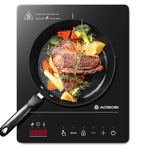 Aobosi Induktionskochfeld 1 Platte,Induktionskochplatte mit Booster-Funktion, 20 Leistungsstufen und Temperaturstufen,Kompakte Größe,2000W Tragbares Induktionskochfeld,10H-Timer,Schwarz von AAOBOSI