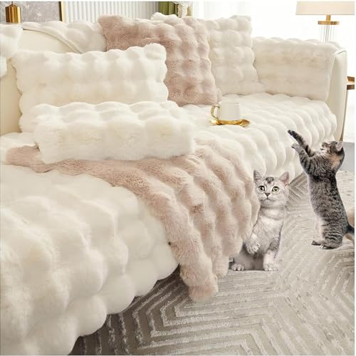 Aocase Sofabezug Kaninchen Plüsch Sofabezüge, L Form Sofaüberwurf, Sofaschoner rutschfest 1 2 3 4 Sitzer Sofa Überzug Ecksofa Pets Dog Couch Überzug Möbelschutz für Haustiere,Milchweiß,110x180cm von Aocase