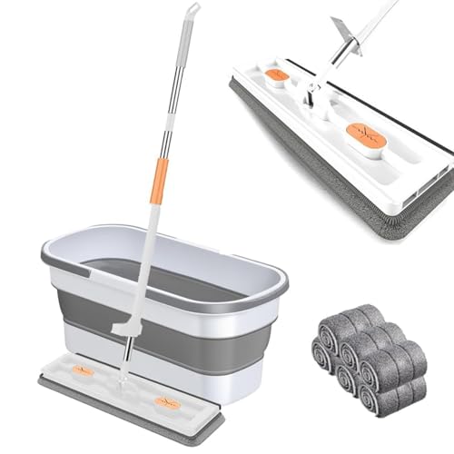 Large Flat Mop and Scalable Bucket, 2023 Selbstwringender Bodenwischer Set, 360° Drehbarer Reinigungsmopp with Scraper, Nass Trockenmopp für Bodenreinigung Hartholz, Fliesen, Laminat,Weiß von Aocase