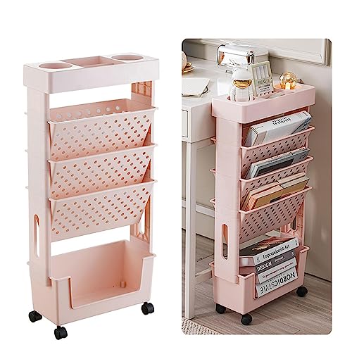 Mobiles Bücherregal auf Rollen, 5 Tier Book Rack Storage Bookshelf, Mehrzweck-Rollwagen, mobiler Aufbewahrungsorganisator aus Kunststoff, abnehmbares Bücherregal for Narrow Place,Rosa von Aocase