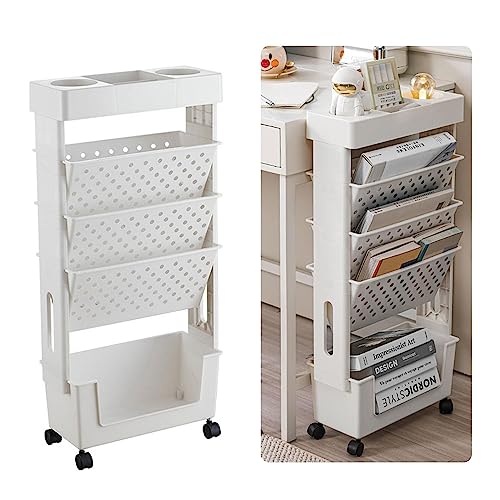 Mobiles Bücherregal auf Rollen, 5 Tier Book Rack Storage Bookshelf, Mehrzweck-Rollwagen, mobiler Aufbewahrungsorganisator aus Kunststoff, abnehmbares Bücherregal for Narrow Place,Weiß von Aocase