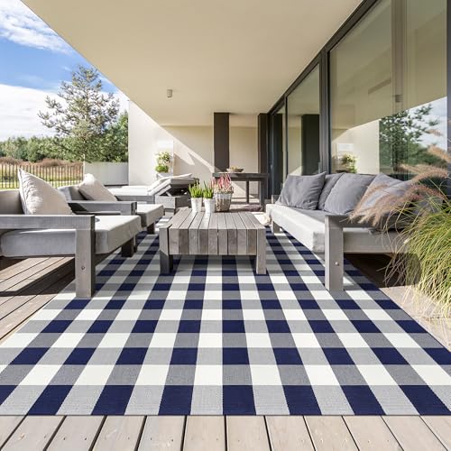 Aoczes Groß Baumwollteppich Waschbar Flachgewebe Teppich Wohnzimmer 180x270 cm Kurzflor Büffel Plaid Baumwolle Gewebt Marineblau Weiß Kariert Indoor Outdoor Teppich für Esszimmer Schlafzimmer von Aoczes