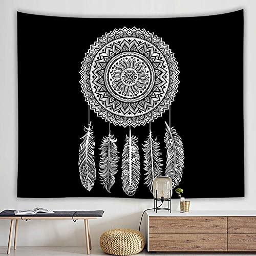 Wandteppich Traumfänger Schwarz Weiss Federn,Wandtuch Mandala Wanddeko Schlafzimmer Deko Boho Style Tapestry,Makramee Wandbehang Psychedelic Wand Tuch,150x130 cm von Aodafei