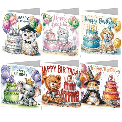 Aodejoy 6er Set Diamond Painting Muttertagskarten Grußkarten Set Blumen Diamond Painting Karten Geburtstagskarte Dankeskarte Segensgrußkarte Feiertagskarten Diamant Malerei Geschenk-Geburtstagstiere von Aodejoy