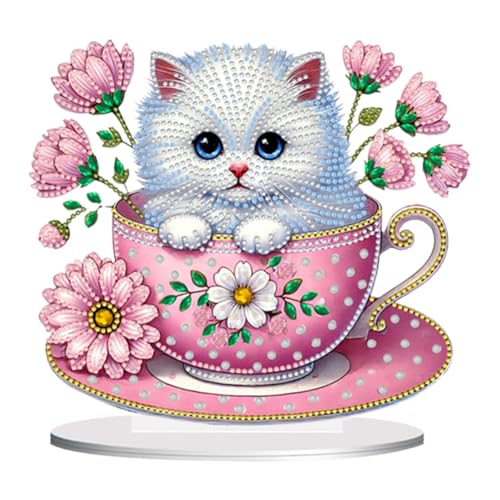 Aodejoy DIY 5D Diamond Painting Teetasse Katze Aufsteller, Diamant Malerei Tischdeko Kunst Set,Doppelseitig Diamantmalerei Tischplatte für AnfäNger Hausgeschenk Familie Deko Geschenk-#1 von Aodejoy