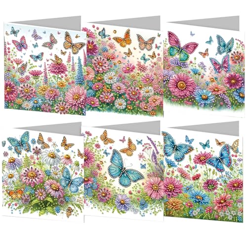 Aodejoy Diamond Painting Karten Set,6 Stück Diamant Malerei Karten,DIY Handgemachtes Diamond Painting Grußkarte mit Umschlag Set,5D Diamant Malerei Grußkarte für Freunde,Familie-Blumen von Aodejoy