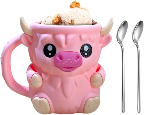 Highland Cow Ice Pint Holder,Niedlicher kuh Eiscreme-Pint-Halter,Anti-Freeze Hände Eisbecher Mit Löffel Schlitz,Geheimer Snackschublade,Wiederverwendbarer Eiscreme,Geschenk (Rosa-1 mit Löffeln) von Aodejoy