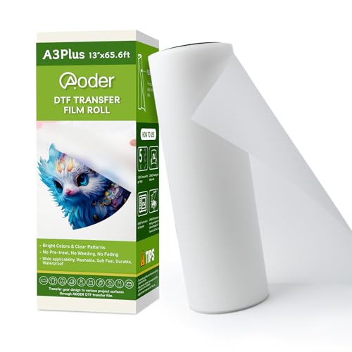 Aoder DTF Transferfolie, 33 x 180 cm, A3 Plus DTF Filmrolle für DTF-Drucker, DTF-Wärmetransferpapier von Aoder