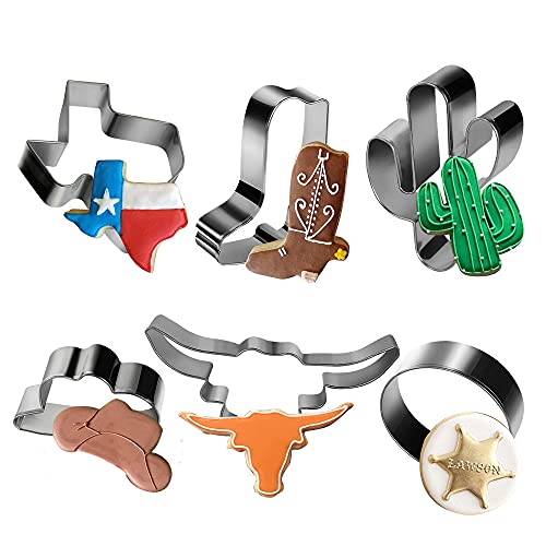 Aoerfes Western-Ausstechformen, 6-teiliges Texas-Ausstechformen-Set, Cowboyhut, Longhorn, Cowboy-Stiefel, Kaktus, runde Edelstahl-Formen für Partys, Muffins, Kuchen, Fondant, Pfannkuchen, Sandwiches von Aoerfes