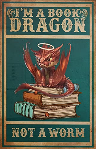 Aoevc "I'm a Book Dragon Not a Book Worm Book Lover" Poster Lustiges Drachenkunstbuch Troll für Heimdekoration, Blechschilder, Retro-Wanddekoration, Männerhöhle, Zuhause, Kneipe, Metall-Blechschild von Aoevc
