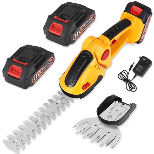 Akku Gras- und Strauchschere, 2-in-1 Handheckenschneider, 2 x 1500 mAh Akkus 24V, Messerlänge: 22 cm (Strauch) / 13,2 cm (Gras), Kabelloser Elektrischer Buschschneider für Garten und Rasen von Aofesel