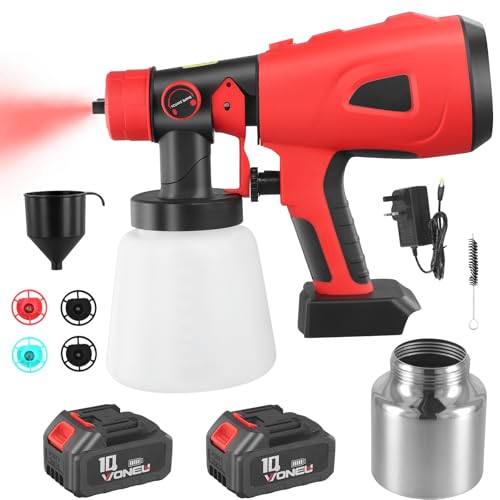 Farbsprühsystem mit 2 x 2600 mAh Akkus, 1200ml/min Elektro Lackierpistole mit 850W Motor, HVLP Farbsprühgerät mit Verstellbarem Farbfluss, 2 x 800 ml Wassertank, 3 Sprühmuster, 5 Düsen (Rote Rose) von Aofesel