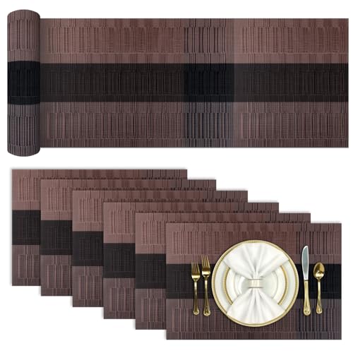 Aofmee Tischläufer und Platzsets Abwaschbar 6er Set, PVC rutschfest Tischsets mit Tischläufer, Gewebte Platzdeckchen Abgrifffeste Hitzebeständig, Vinyl Placemats Platz-Matten für Küche Speisetisch von Aofmee