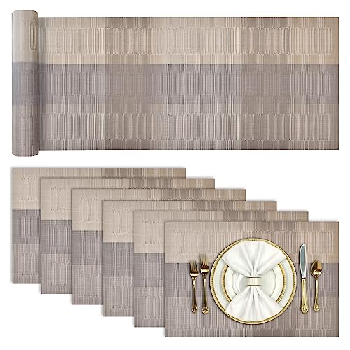 Aofmee Tischläufer und Platzsets Abwaschbar 6er Set, PVC rutschfest Tischsets mit Tischläufer, Gewebte Platzdeckchen Abgrifffeste Hitzebeständig, Vinyl Placemats Platz-Matten für Küche Speisetisch von Aofmee