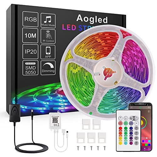 Aogled LED Strip 10M,Bluetooth LED Streifen mit APP Steuerung und 40-Tasten Fernbedienung, RGB LED Strip mit Musiksynchronisation,MIC-Modus,5050 SMD LED für Innen,Schlafzimmer,Zimmer,Küche, Party von Aogled