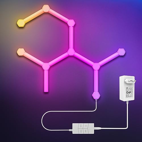 Aogled Wandleuchten Hexagon LED Lichtleiste Smart Wi-Fi RGB Light Panels mit DIY Dekoration, Audio-Synchronisation, Atmosphärenerkennung, Jederzeit steuerbar Wohnzimmer, E-Sport-Raum, 9+9 LED-Panels von Aogled