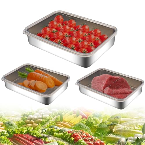 Aohcae 3 Stück Aufschnittbox Edelstahl, Aufschnittbox Fresh Aufschnittdosen mit Deckel Aufschnittboxen für Kühlschrank Für Obst Geeignet,Fleisch,Käse von Aohcae