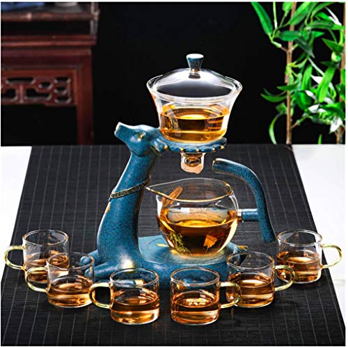 Aoheuo Kungfu Glas Teeservice Set mit Heizung Magnetische Wasserableitung Drehbare Abdeckung Schüssel Faule Halbautomatische Glas Teekanne (Blau) von Aoheuo