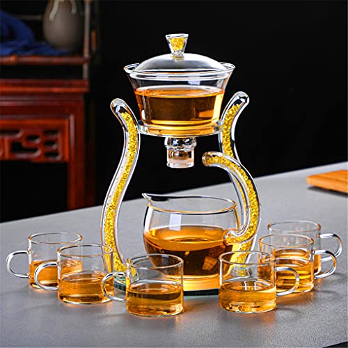 Aoheuo Lazy Kungfu Glas Tee Set Wasserableitung Drehbare Abdeckung Schüssel Halbautomatische Glas Teekanne Anzug (Gold) von Aoheuo