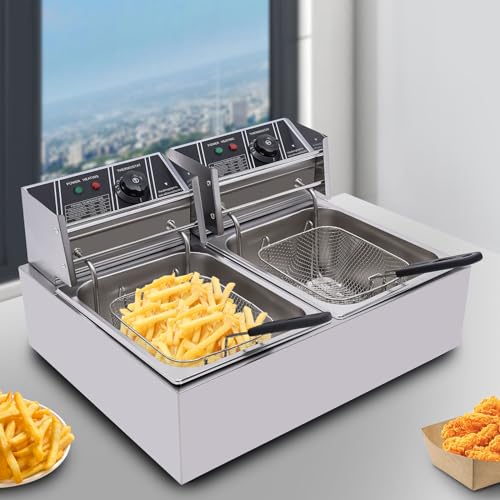 2 * 6L Edelstahl Fritteuse, Elektrische Fritteuse 5000W 60℃-200℃, Fritöse mit 2 Körbe, für Pommes oder Snacks,Doppeltank Fritteuse von Aohuada