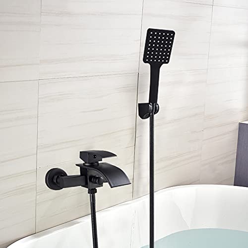 Badewannenarmatur, Badewanne mit Handbrause, Wasserfall Badezimmerarmatur, Wasserfallauslauf Wandmontage Edelstahl Wasserhahn Badewanne, für Badewanne und Duschräume, Schwarz von Aohuada