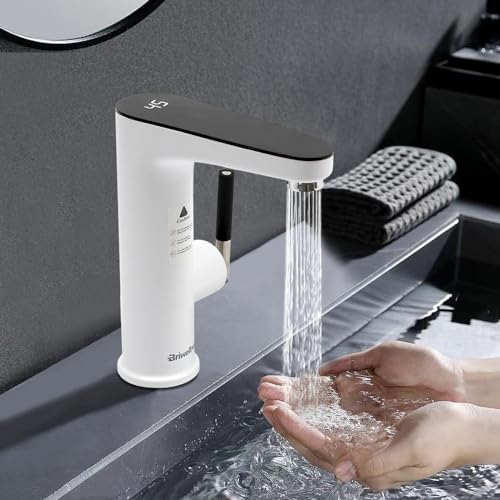 Elektrische Wasserhahn mit Durchlauferhitzer 220V 3200W Elektrische Wasserhahn Edelstahl Armatur mit LED Temperaturanzeige Weiß Waschtischarmatur Elektrischer Heizung Wasserhähnen für Bad von Aohuada
