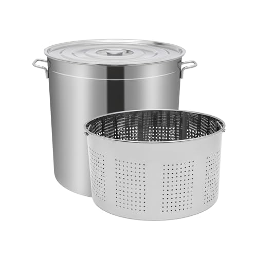 Induktions Edelstahl Großer Kochtopf Topf Groß Suppentopf Kochtöpfe Pot Fassungsvermögen 50L Höhe der Wanne 27cm mit Abtropfschale Geeignet für Haus, Restaurant, etc,Silber von Aohuada