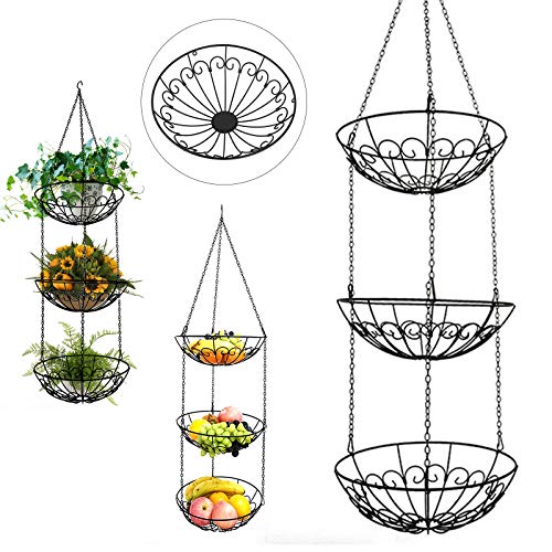 Aohuada Obstkorb Hängend Obst Etagere 3 Stöckig Hängekorb Küche 100cm Obstschale Schwarz mit Haken für mehr Platz auf Ihrer Arbeitsplatte von Aohuada