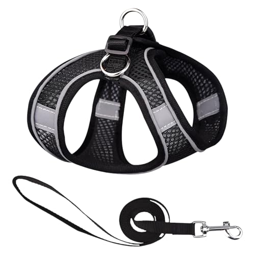 Katzengeschirr mit Leine, Ausbruchsicher und Fluchtsicher, Verstellbares Geschirr für Katzen und Hunde, Atmungsaktives Set mit Reflektorstreifen, Ideal für Outdoor Spaziergänge, Schwarz von Aohyue