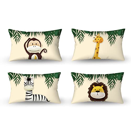 Aoihrraan 30x50cm 4er Set Süß Karikatur Tier Dekorativ Kissenbezug Forest Monkey Giraffe Floral Plant Beige Weicher Kurzer Plüsch Quadratischer Baby Kissenhüllekinder Party Schlafzimmer Sofa Bett von Aoihrraan