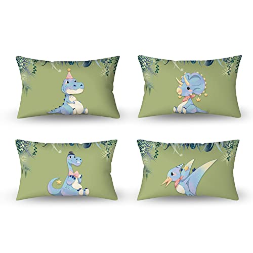 Aoihrraan 31x51cm 4er Set Süß Karikatur Tier Dekorativ Kissenbezug Dinosaurier Blumen Pflanze Hellgrün Quadratische Sofakissen Baby Dekokissen Aus Leinen Kinder Party Sofa Schlafzimmer Bett Auto von Aoihrraan