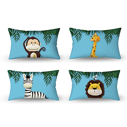 Aoihrraan 31x51cm 4er Set Süß Karikatur Tier Dekorativ Kissenbezug Wald AFFE Giraffe Blumen Pflanze Quadratische Sofakissen Baby Blau Dekokissen Aus Leinen Kinder Party Schlafzimmer Sofa Bett Auto von Aoihrraan