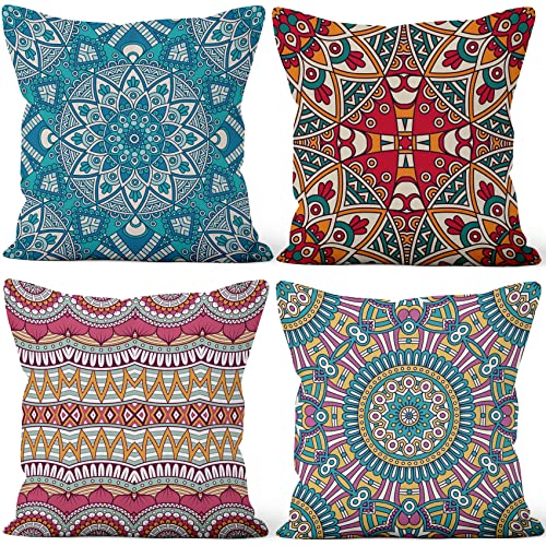 Aoihrraan 40x40cm 4er Set Dekorativ Boho Stil Kissenbezug Blau Rosa Bohemien Mandalas Blume Pattern Weicher Plüsch Quadratischer Kissenbezug Wohnzimmer Draussen Balkon Patio Stuhl Garten Sofá von Aoihrraan