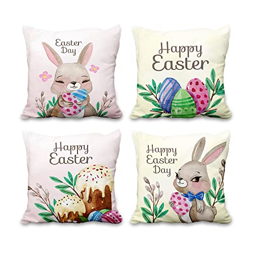 Aoihrraan 40x40cm 4er Set Dekorativ Frohe Oster Kissenbezug Rosa Und Beige Hase Bunt Ei Kuchen Weicher Kurzer Plüsch Quadratischer Kissenhüllefrühling Bauernhaus Wohnzimmer Bett Draussen Sofa von Aoihrraan