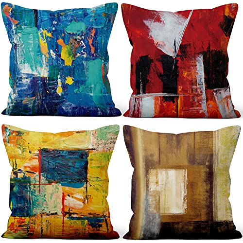 Aoihrraan 40x40cm 4er Set Dekorativ Kissenbezug Blau Rot Gelb Öl Malerei Muster Weicher Plüsch Quadratischer Kissenbezug Bett Wohnzimmer Draussen Balkon Terrasse Patio Stuhl Garten Sofá Wagen von Aoihrraan
