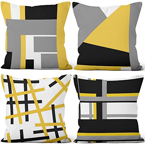 Aoihrraan 40x40cm 4er Set Dekorativ Kissenbezug Gelb Grau Weiß Modern Geometrisch Muster Weicher Plüsch Quadratischer Kissenbezug Bett Wohnzimmer Draussen Balkon Terrasse Patio Stuhl Garten Sofá von Aoihrraan