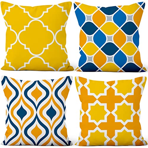 Aoihrraan 40x40cm 4er Set Dekorativ Kissenbezug Modern Geometrisch Muster Weicher Kurzer Plüsch Quadratischer Kissenhüllewohnkultur Für Wohnzimmer Draussen Balkon Patio Stuhl Garten Sofá, Gelb Blau von Aoihrraan