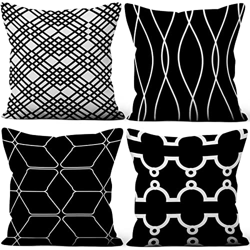 Aoihrraan 40x40cm 4er Set Dekorativ Kissenbezug Schwarz Weiß Modern Geometrisch Pattern Weicher Plüsch Quadratischer Kissenbezug Bett Wohnzimmer Draussen Balkon Terrasse Patio Stuhl Garten Sofá von Aoihrraan
