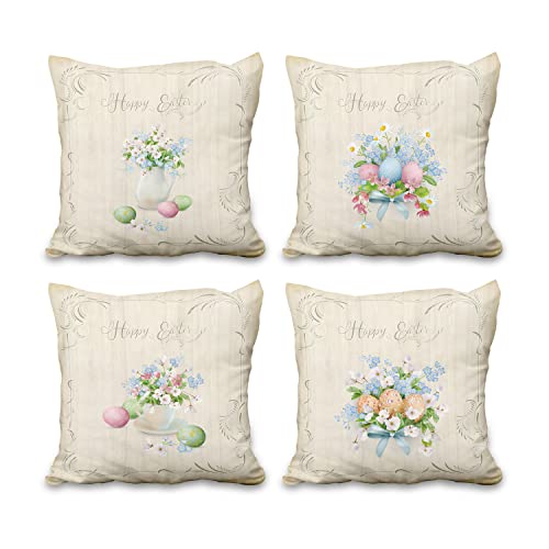 Aoihrraan 40x40cm 4er Set Dekorativ Retro Oster Tag Kissenbezug Frühling Blume Gras Um Bunt Eier Weicher Kurzer Plüsch Quadratischer Kissenhüllefrühling Bauernhaus Wohnzimmer Bett Draussen Sofa von Aoihrraan