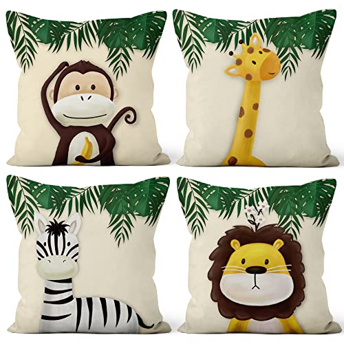 Aoihrraan 40x40cm 4er Set Süß Karikatur Tier Dekorativ Kissenbezug Forest Monkey Giraffe Floral Plant Beige Weicher Kurzer Plüsch Quadratischer Baby Kissenhüllekinder Party Schlafzimmer Sofa Bett von Aoihrraan